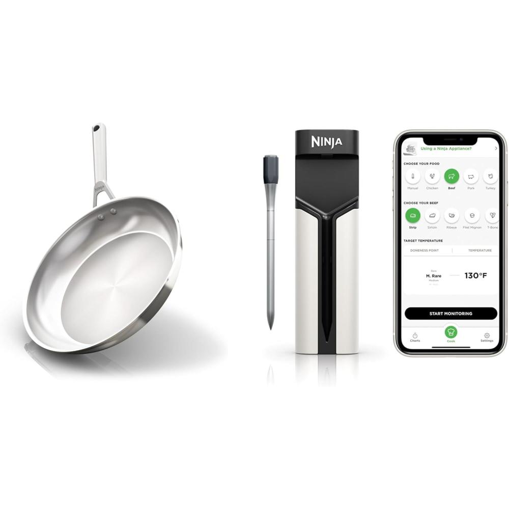 imageBundle of Ninja Everclad CommercialGrade Stainless Steel 12quot Fry Pan ampamp ProChef Wireless Meat Thermometer Probe for Indoor Cooking Bluetooth App Connection Flareup Resistant Waterproof US Only12 Fry Pan Wireless Probe