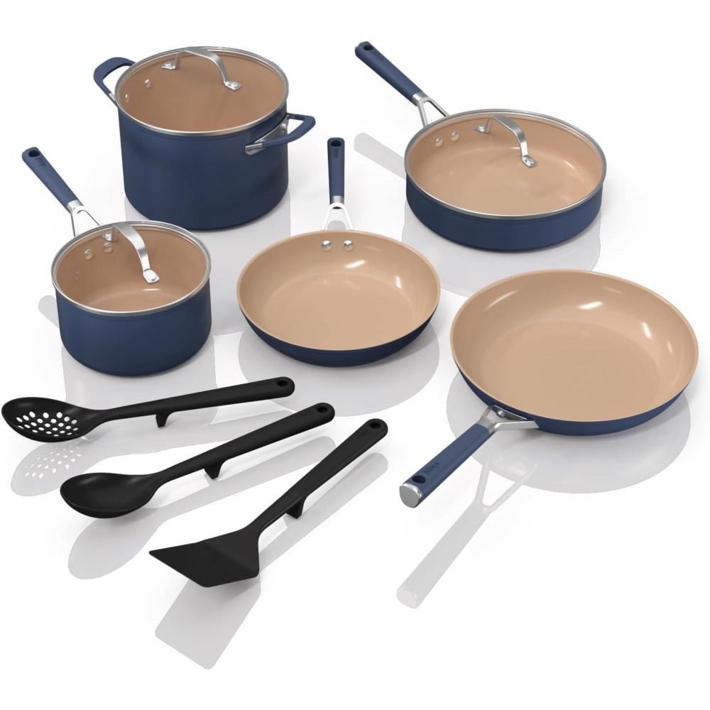 imageNinja Ceramic Cookware Set Extended Life 11Piece Kitchen Cookware Sets with Comfort Grip Nonstick Fry Pans Pots PTFE Free Oven ampamp Dishwasher Safe Stovetop Compatible Navy Blue CW4901111pc Blue Set