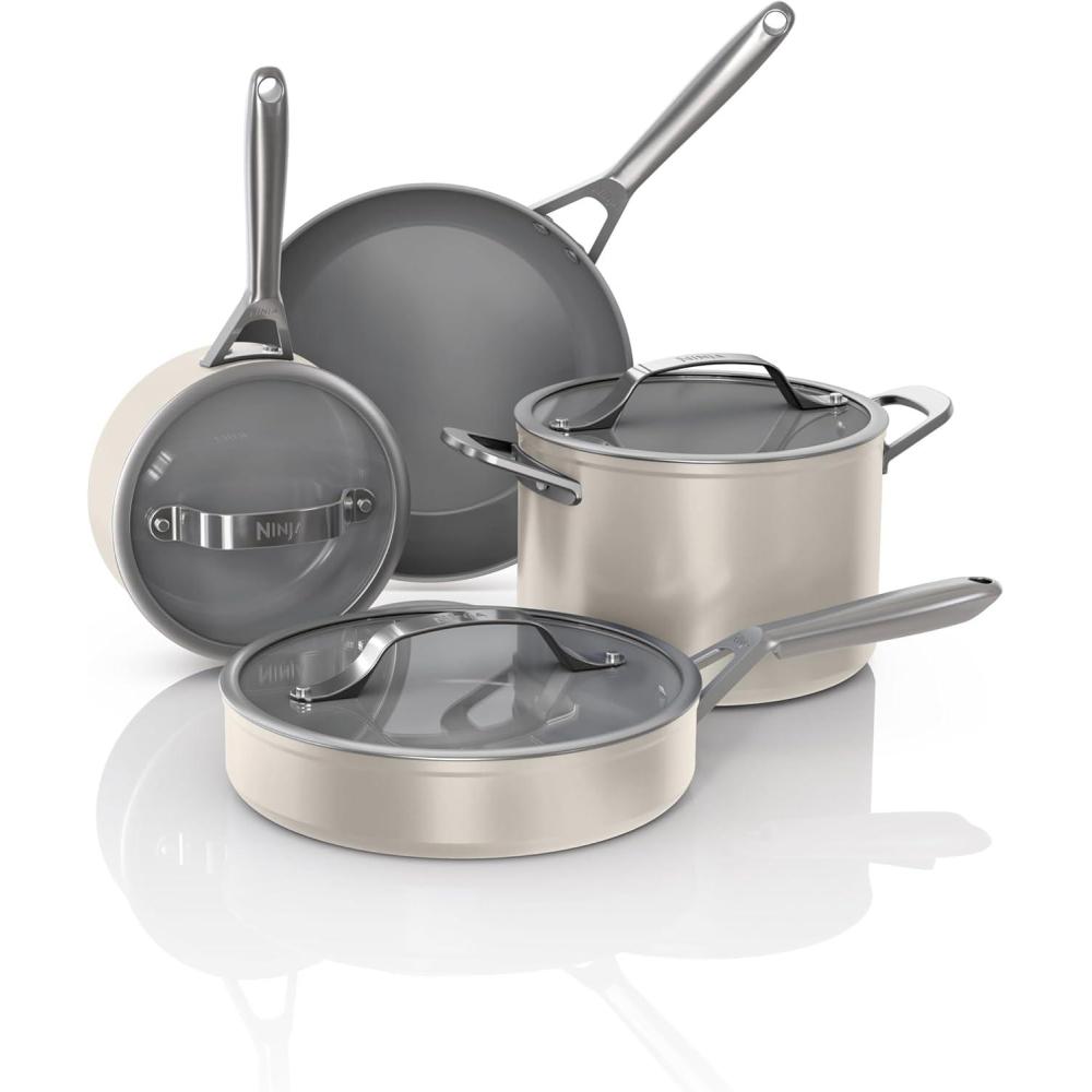 imageNinja Ceramic Pro 11Piece Cookware Set NonStick Pots ampamp Pans Set with Glass Lids Nontoxic PTFE Free Ceramic Coated Oven Safe All Stovetops ampamp Induction Compatible Black CW39011BKStone