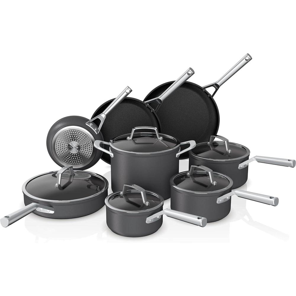 imageNinja Cookware Ninja NeverStick Professional 16Piece Pots and Pans Set Non Stick Frying Pans Kitchen Essentials Stock Pot Sauce Pan Glass Lids Saute Pan All Stovetops Black C3990013pc set