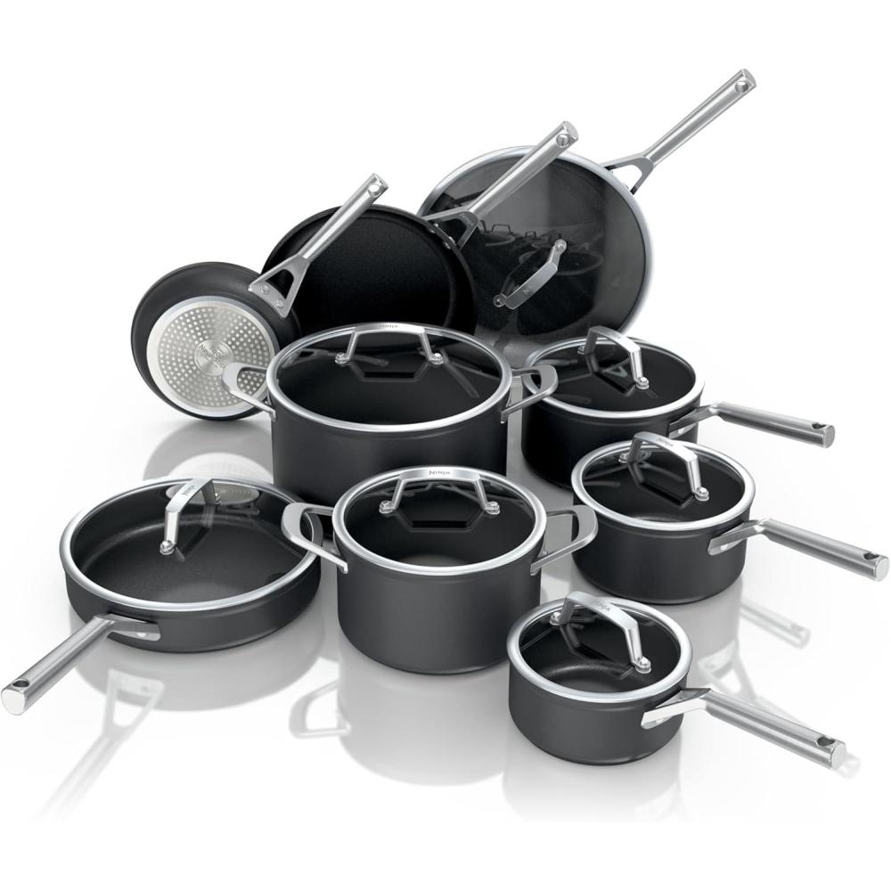 imageNinja Cookware Ninja NeverStick Professional 16Piece Pots and Pans Set Non Stick Frying Pans Kitchen Essentials Stock Pot Sauce Pan Glass Lids Saute Pan All Stovetops Black C3990016pc set