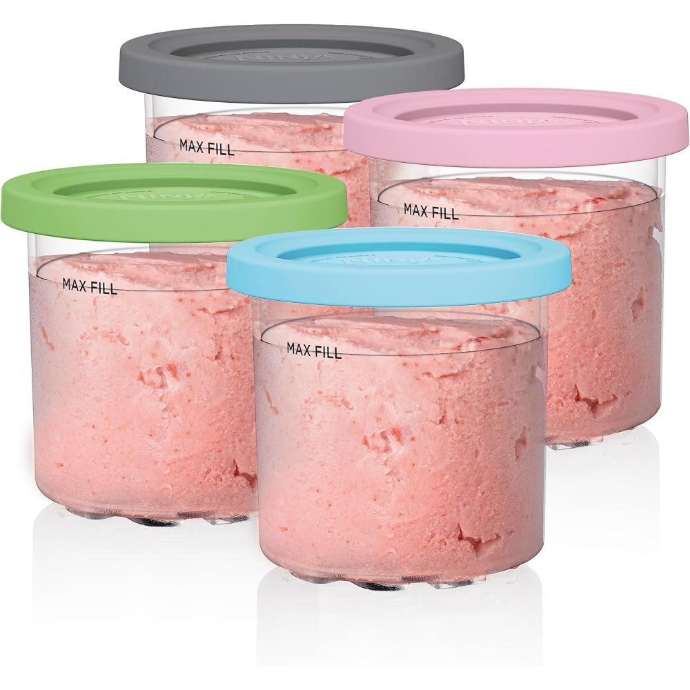 imageNinja Creami Pints 4 Pack Compatible with NC299AMZ ampamp NC300s Series Creami Ice Cream Makers Genuine Ninja Pint BPAFree ampamp Dishwasher Safe Color Lids ClearGreyLimePinkAqua XSKPLD4BCD4 Pack