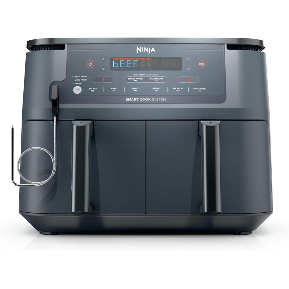 imageNinja DZ201 Foodi 8 Quart 6in1 DualZone 2Basket Air Fryer with 2 Independent Frying Baskets Match Cook ampamp Smart Finish to Roast Broil Dehydrate ampamp More for Quick Easy Meals Grey10QT wThermometer GREY