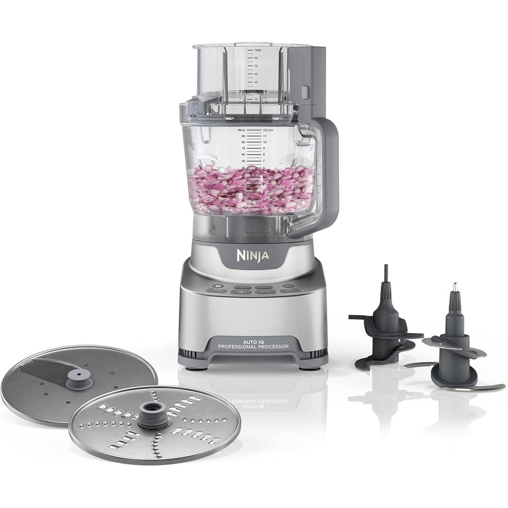imageNinja Food Processor Professional Plus 1000 Peak Watts 4 Functions for Chopping Slicing Purees ampamp Dough with 9Cup Processor Bowl 3 Blades Food Chute ampamp Pusher Silver BN60112Cup Food Processor