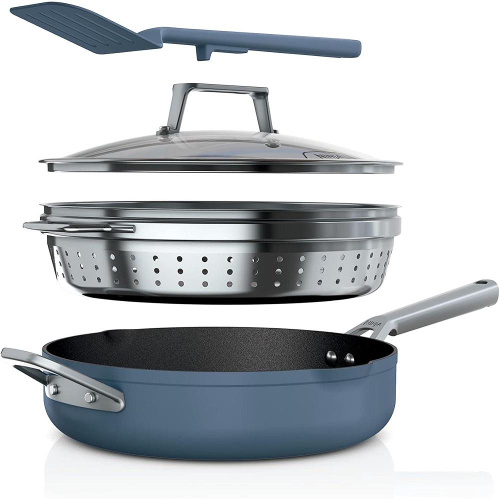 imageNinja Foodi NeverStick 4 Quart Pan with Lid Strainer ampamp Spatula Oven Safe Sea Salt GreyMacaron Blue
