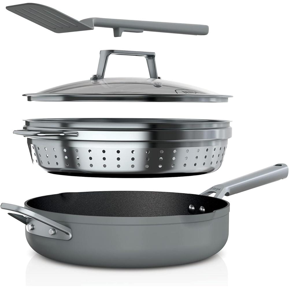 imageNinja Foodi NeverStick 4 Quart Pan with Lid Strainer ampamp Spatula Oven Safe Sea Salt GreySea Salt Grey