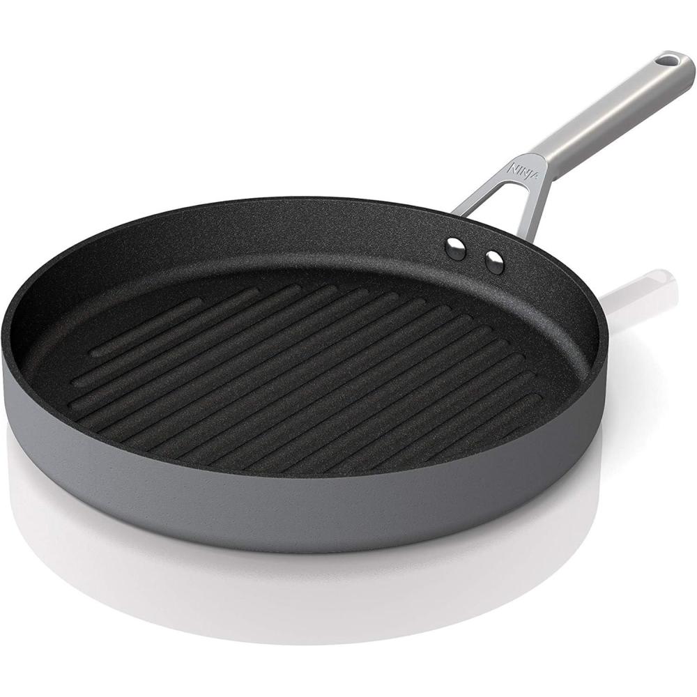imageNinja Foodi NeverStick Professional HardAnodized 4Quart Saut Pan with Glass Lid Nonstick Durable ampamp Oven Safe to 500F Salt Grey C3014012 Grill Pan