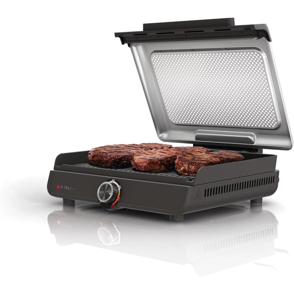 imageNinja GR100 Sizzle Smokeless Indoor Grill with Nonstick Grill Plate DishwasherSafe Removable Mesh Lid 500F Max Heat Even EdgetoEdge Cooking Black RenewedSizzle Indoor Grill