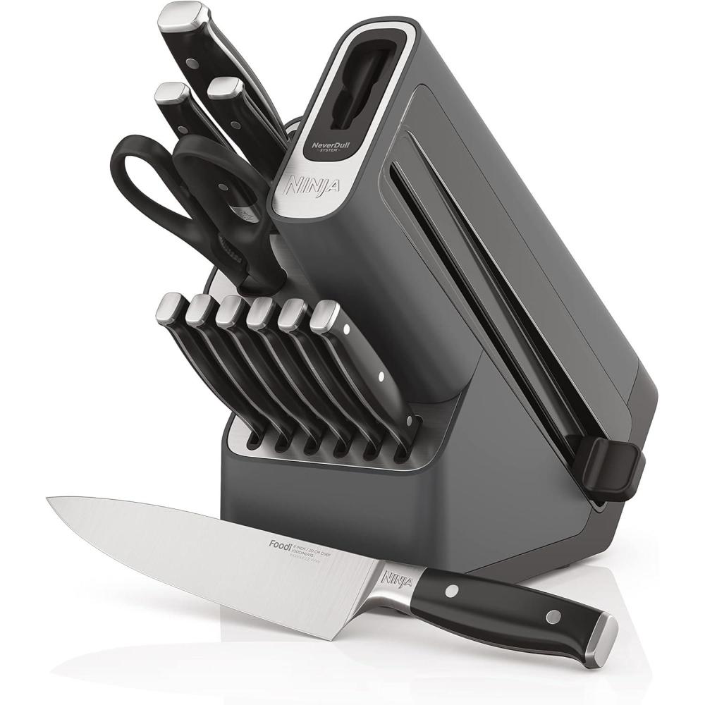 imageNinja Knife Set Knife Sharpener Knife Block Set Stainless Steel Knives 14 Piece Set Steak Knives Chef Knives and More Foodi NeverDull Black K32014Black