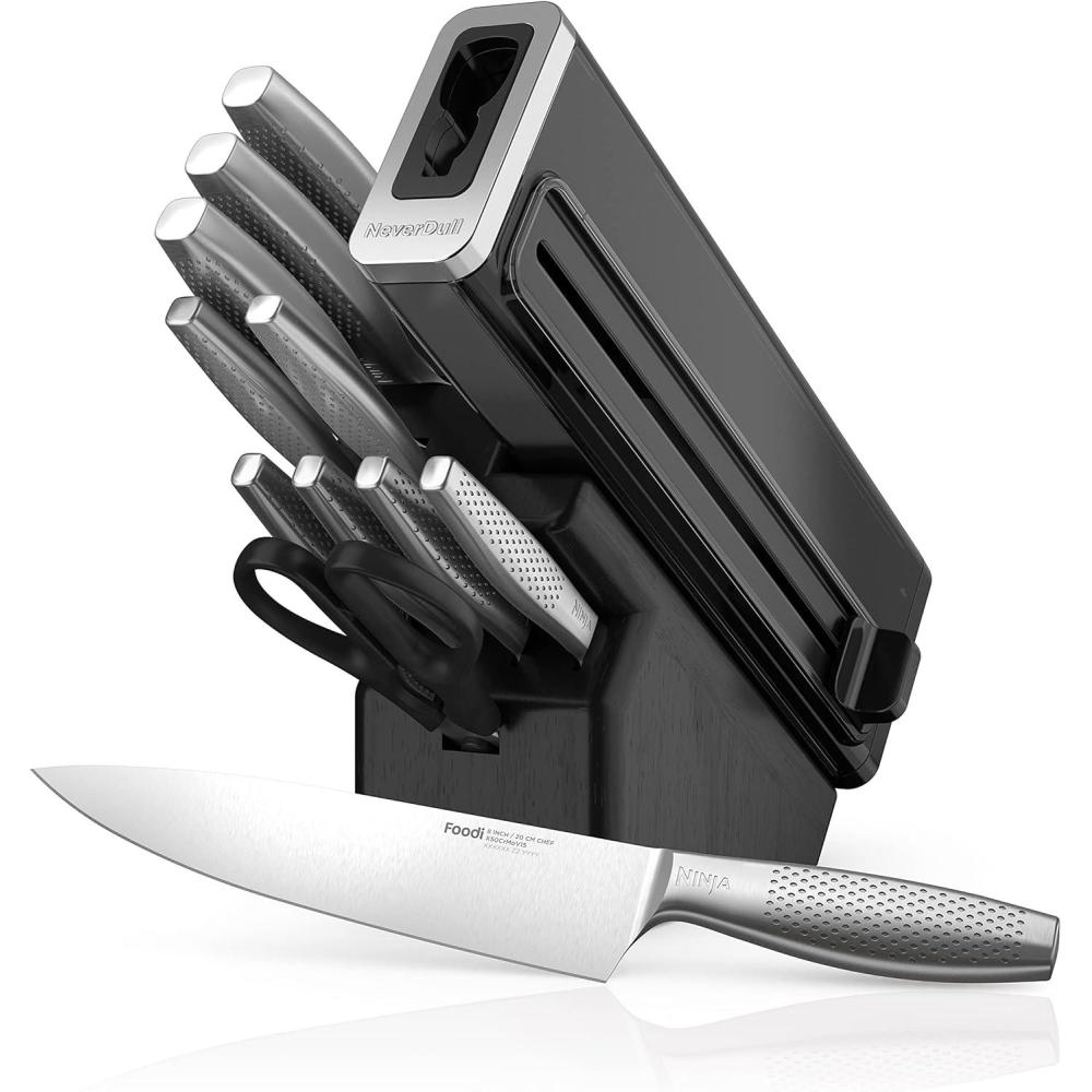 imageNinja Knife Set Knife Sharpener Knife Block Set Stainless Steel Knives 14 Piece Set Steak Knives Chef Knives and More Foodi NeverDull Black K32014Stainless