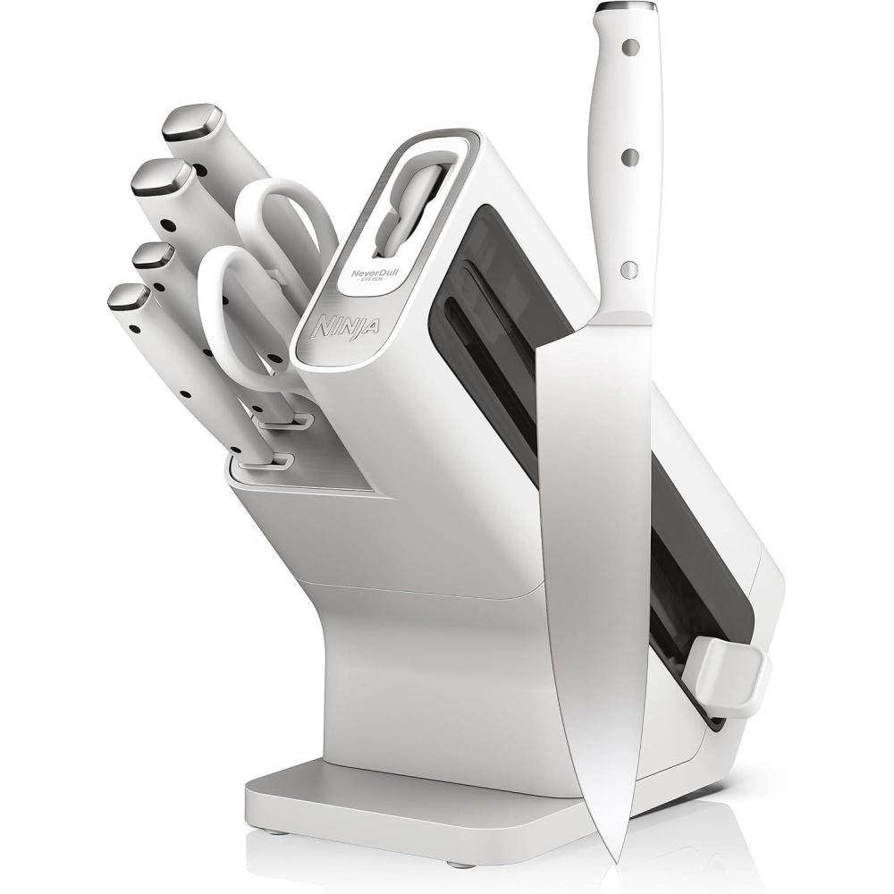 imageNinja Knife Set Knife Sharpener Knife Block Set Stainless Steel Knives 14 Piece Set Steak Knives Chef Knives and More Foodi NeverDull Black K32014White