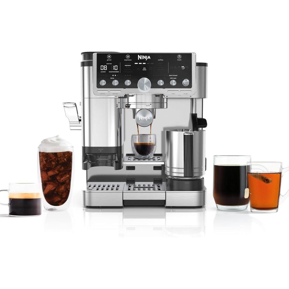 imageNinja Luxe Caf Pro Series Espresso Machine Drip Coffee Cold Brew Hot Water Integrated Tamper Builtin Grinder HandsFree Frother for Cappuccinos Lattes Americanos Dairy or NonDairy ES701