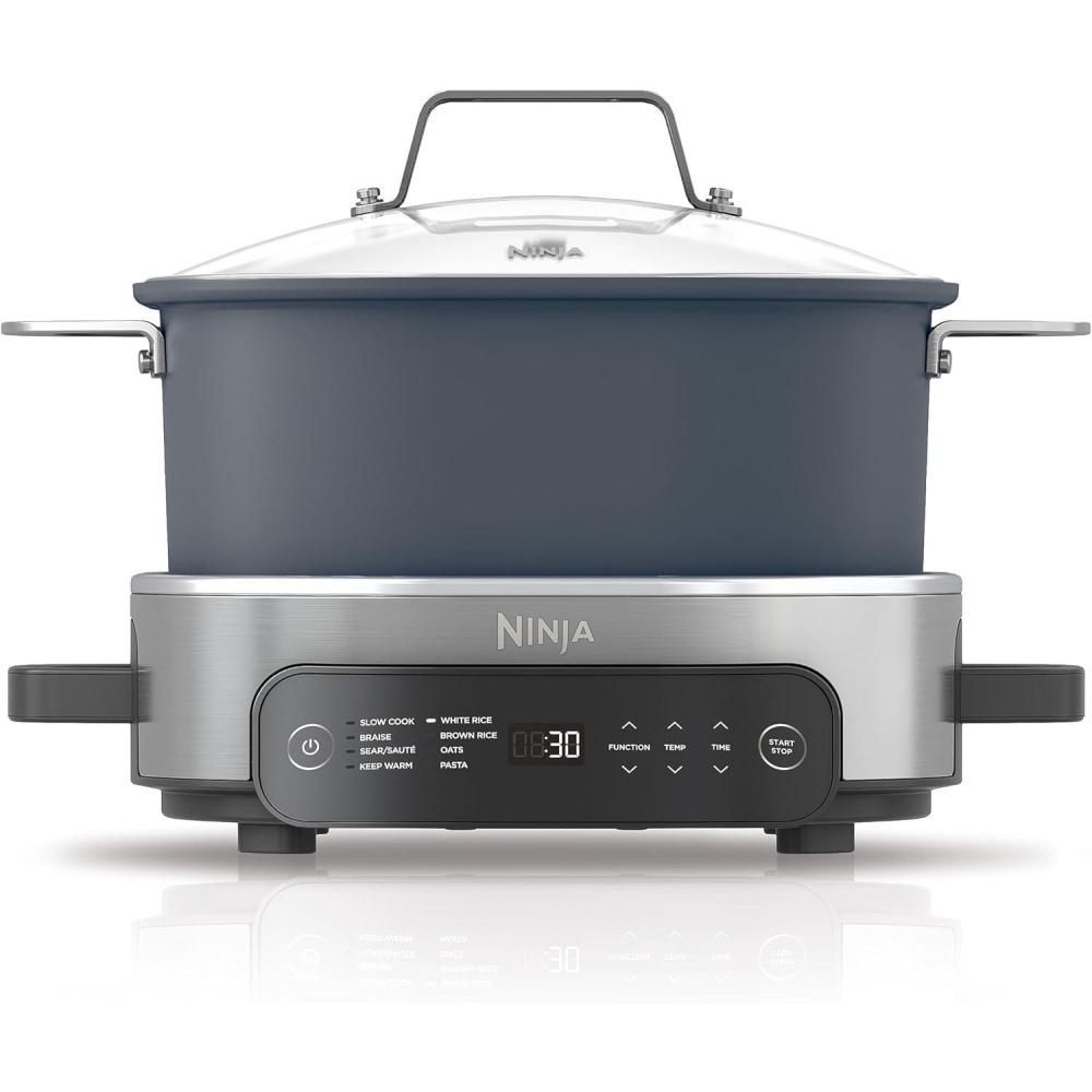 imageNinja MC1001 Foodi PossibleCooker PRO 85 Quart MultiCooker with 8in1 Slow Cooker Dutch Oven Steamer Glass Lid Integrated Spoon Nonstick Oven Safe Pot to 500F Sea Salt GrayMidnight Blue