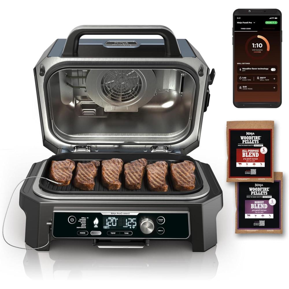 imageNinja OG901 Woodfire ProConnect XL Outdoor Grill ampamp Smoker Wifi ampamp Bluetooth App Enabled 7in1 Master Grill BBQ Smoker Outdoor Air Fryer Woodfire Technology BuiltIn Thermometer Coastal Blue