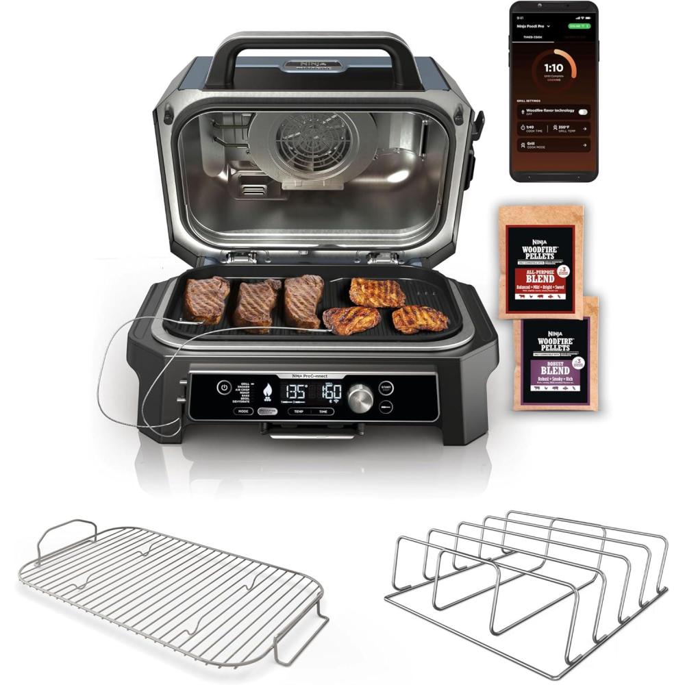 imageNinja OG951 Woodfire Pro Connect Premium XL Outdoor Grill ampamp Smoker ampamp XSKRACKXL Woodfire Rib Rack ampamp XSKRSTRKXL Woodfire Roast ampamp Smoke RackWoodfire Pro Connect XL Grill