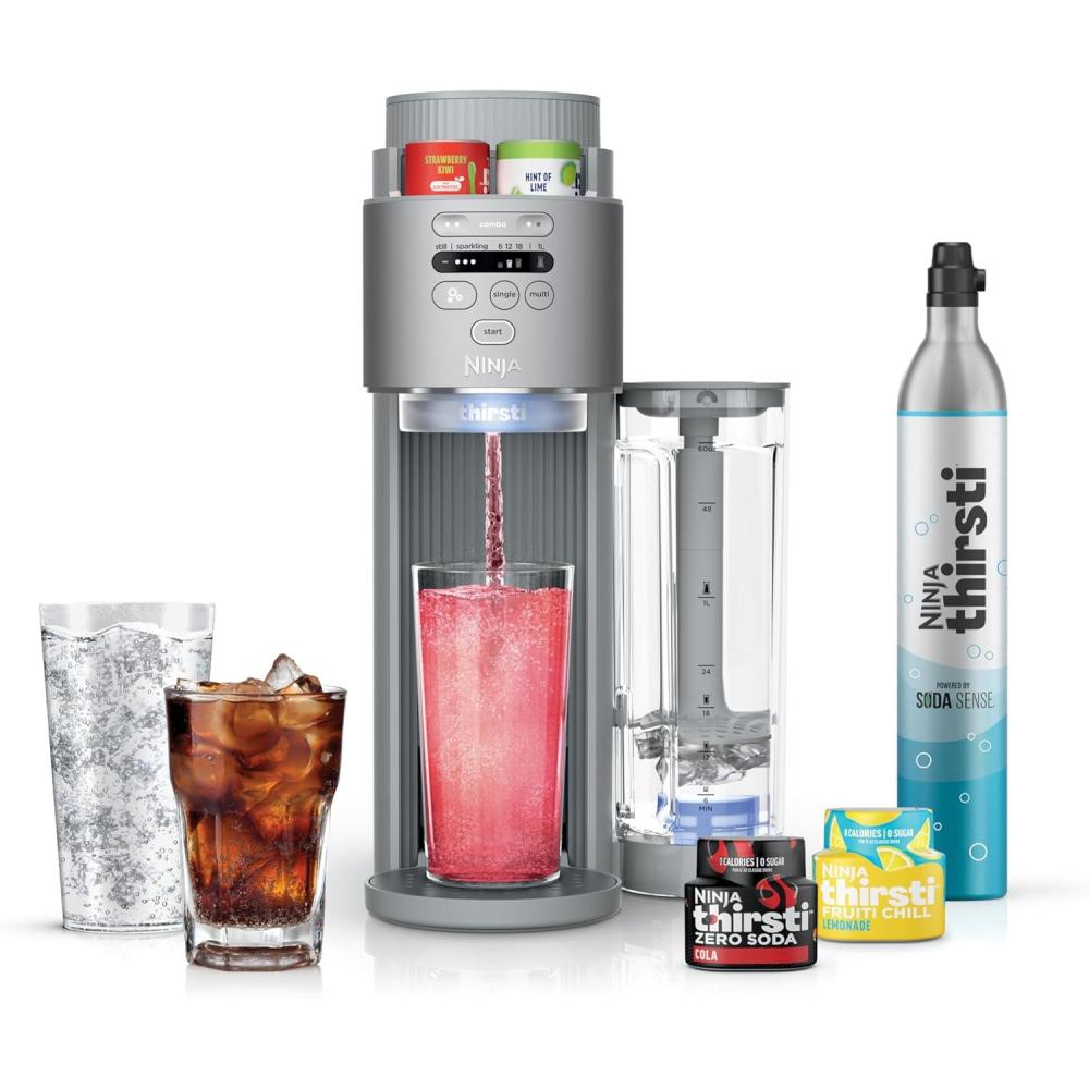 imageNinja Thirsti Max Custom Hydration System Soda Maker Sparkling Water Maker Custom Still ampamp Sparkling Drinks Compact Design With 60L CO Cylinder ampamp Flavored Water Drops Silver WC2002