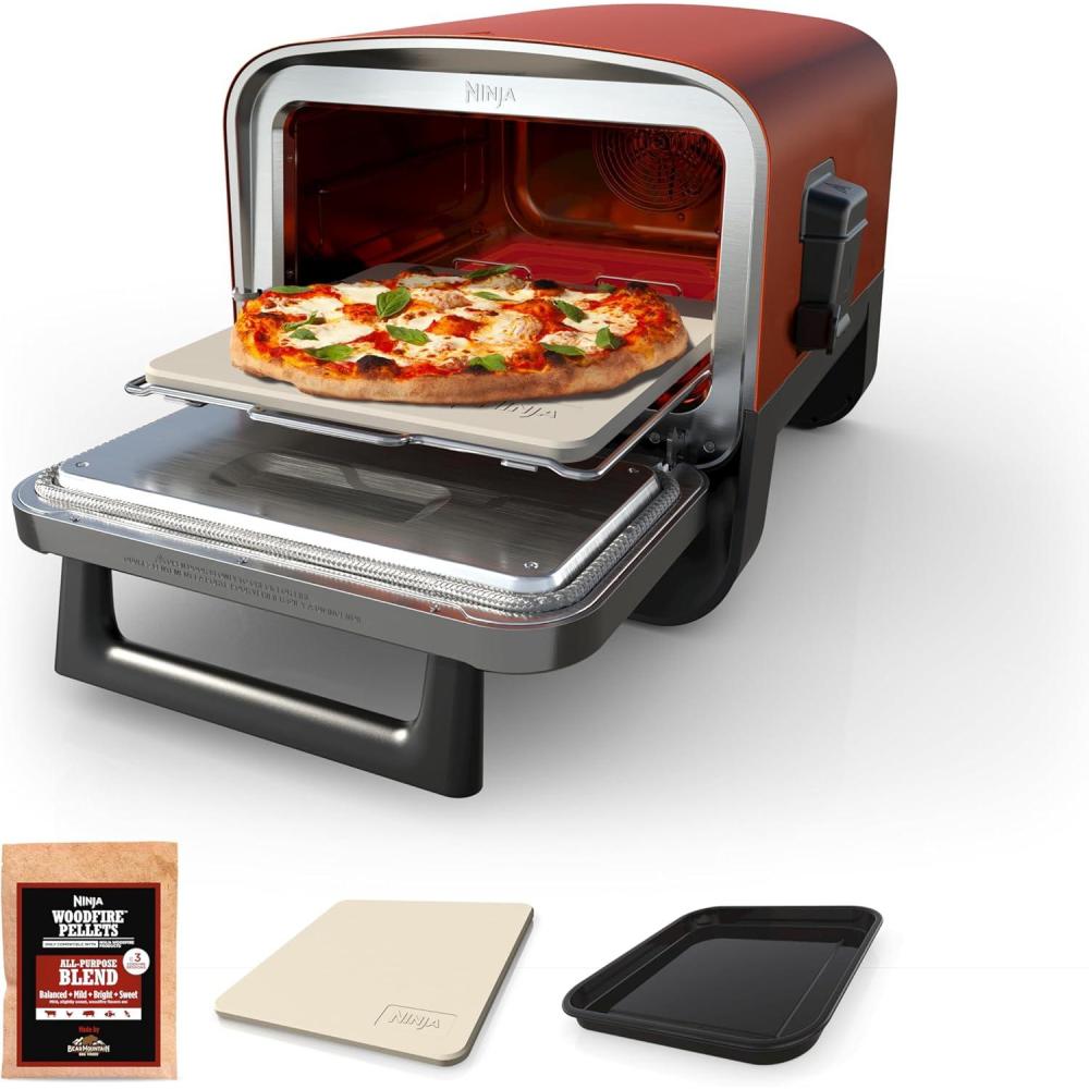 imageNinja Woodfire Outdoor Pizza Oven 8in1 Portable Electric Roaster Oven Heats up to 700F 5 Artisan Pizza Settings Integrated BBQ Smoker Box Includes Flavored Wood Pellets Terracotta RedPizza Oven Smoker