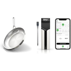 Bundle of Ninja Everclad Commercial-Grade Stainless Steel 12″ Fry Pan & ProChef Wireless Meat Thermometer Probe for Indoor Cooking, Bluetooth App Connection, Flareup Resistant, Waterproof, US Only(12″ Fry Pan & Wireless Probe)