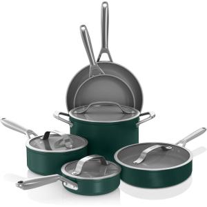 Ninja Ceramic Pro 14-Piece Cookware Set, Non-Stick Pots & Pans Set with Glass Lids, Nontoxic, PTFE Free, Ceramic Coated, Oven Safe, All Stovetops & Induction Compatible, Midnight Blue, CW39014MM(Green)
