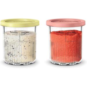 Ninja Creami Deluxe Pints 2 Pack, Compatible with NC500 Series Creami Deluxe Ice Cream Makers, Genuine Ninja Pint, BPA-Free & Dishwasher Safe, Color Lids, 1 Pint Each, Clear/Coral/Yellow, XSKPNTLD2​(24 oz. Pints)