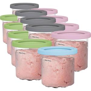 Ninja Creami Pints 4 Pack, Compatible with NC299AMZ & NC300s Series Creami Ice Cream Makers, Genuine Ninja Pint, BPA-Free & Dishwasher Safe, Color Lids, Clear/Grey/Lime/Pink/Aqua, XSKPLD4BCD​(16 Pack)