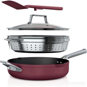 Ninja Foodi NeverStick 4 Quart Pan with Lid, Strainer, & Spatula, Oven Safe, Sea Salt Grey(Cherry Tart)