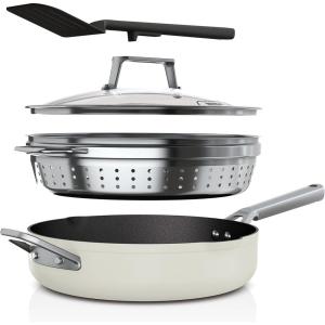 Ninja Foodi NeverStick 4 Quart Pan with Lid, Strainer, & Spatula, Oven Safe, Sea Salt Grey(Vanilla Bean)