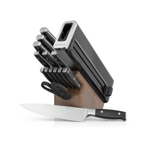 Ninja K52015 Foodi NeverDull 15 Piece Premium Knife System, Wood Series Block, German Stainless Steel, with Built-in Sharpener, Stainless Steel/Walnut(15pc Set – Wood)