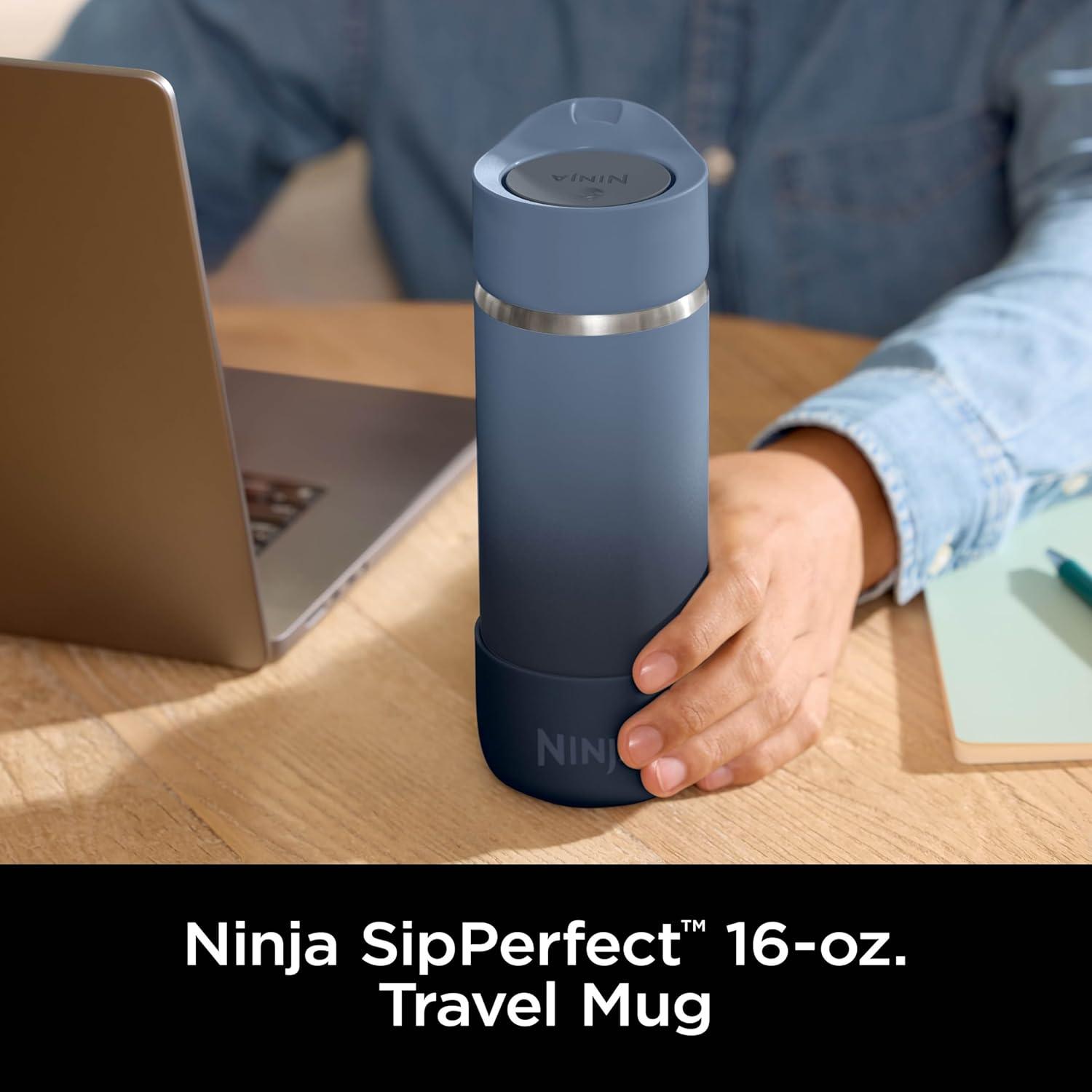 imageNinja Travel Mug Sip Perfect 16oz Brings Hot Drinks to Sippable Temperature in Minutes Stainless Steel Leak Proof Dishwasher Safe Metal Insulated Tumbler Onyx Black DW1603BKNavy