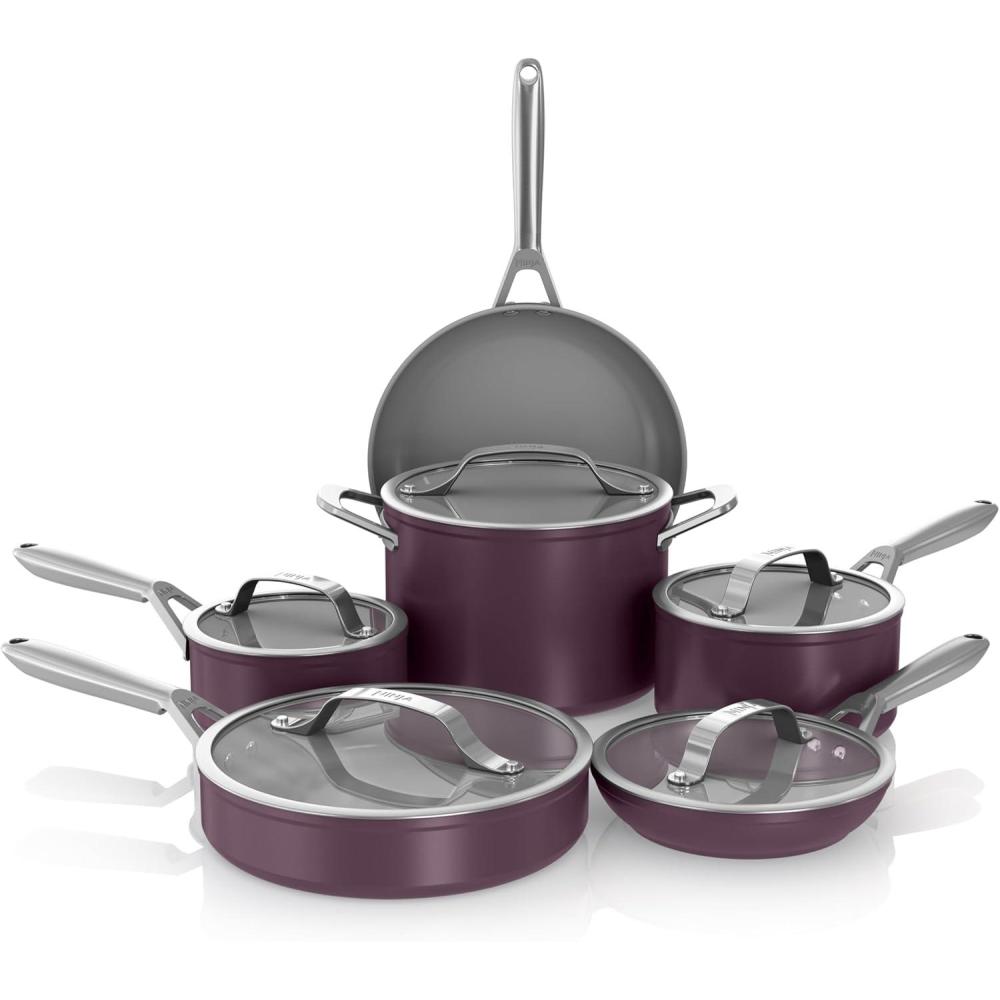 imageNinja Ceramic Pro 11Piece Cookware Set NonStick Pots ampamp Pans Set with Glass Lids Nontoxic PTFE Free Ceramic Coated Oven Safe All Stovetops ampamp Induction Compatible Blue Macaron CW39011BM11pcRed