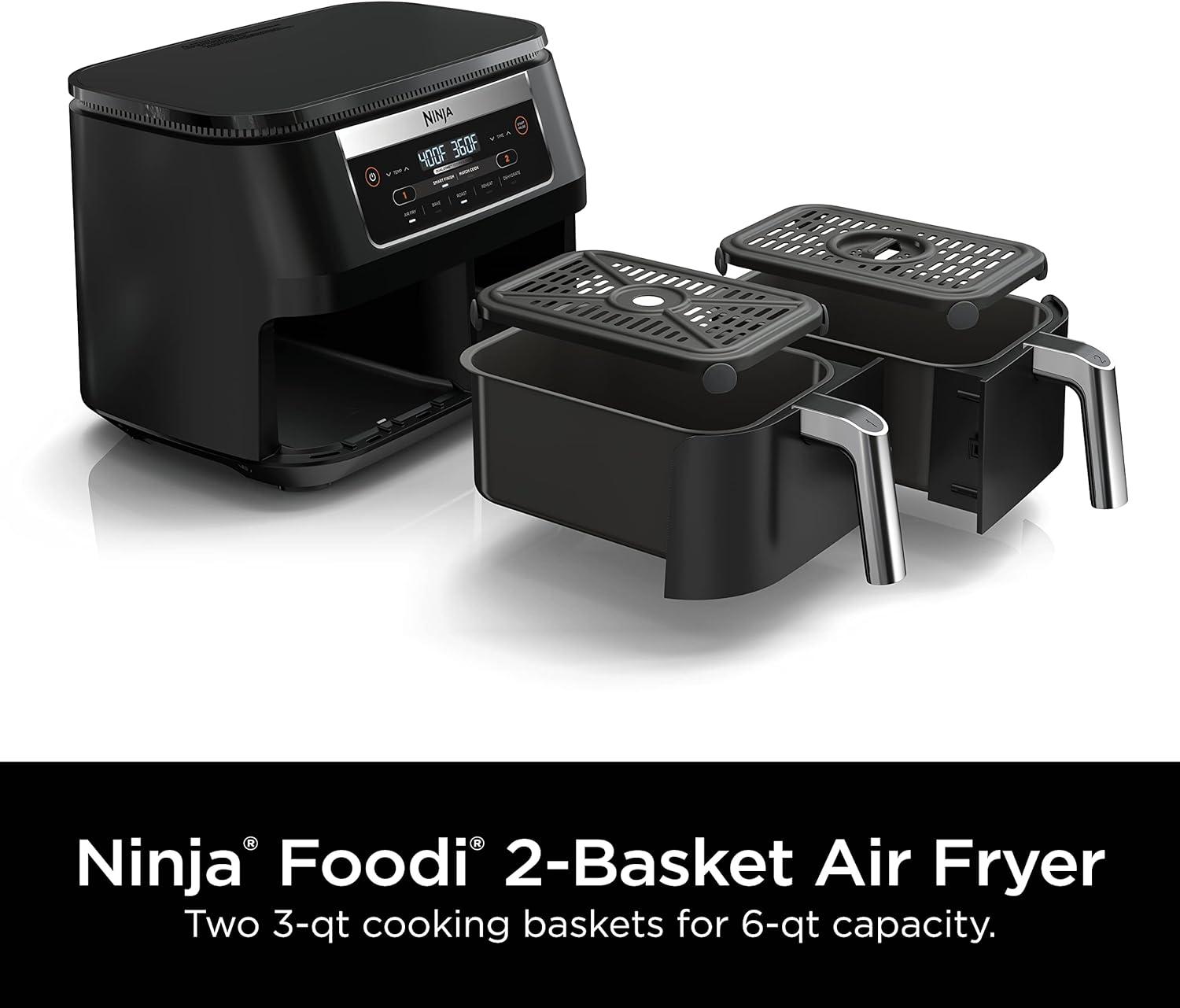 imageNinja DZ090 Foodi 6 Quart 5in1 DualZone 2Basket Air Fryer with 2 Independent Frying Baskets Match Cook ampamp Smart Finish to Roast Bake Dehydrate ampamp More for Quick Snacks ampamp Small Meals BlackBlack