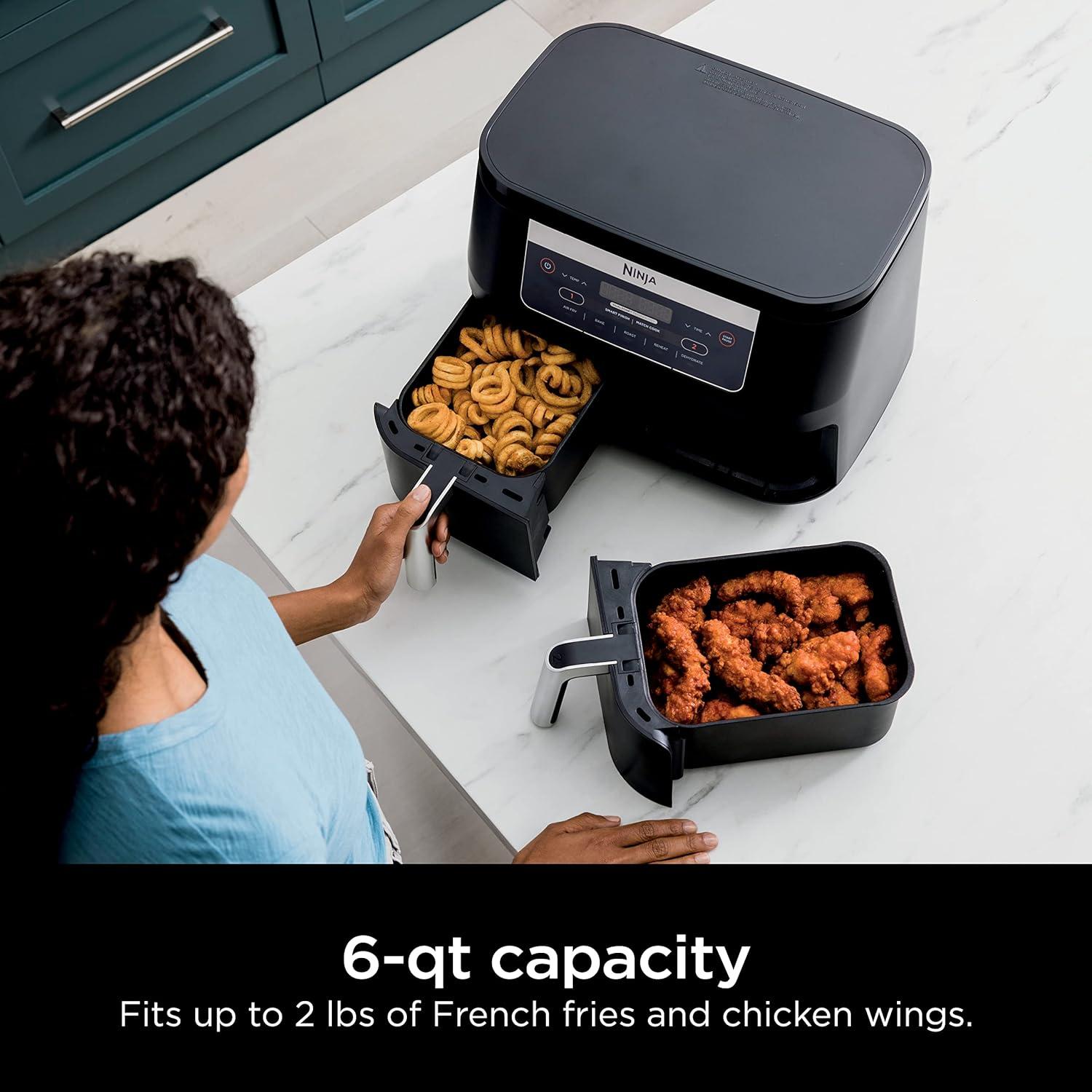 imageNinja DZ090 Foodi 6 Quart 5in1 DualZone 2Basket Air Fryer with 2 Independent Frying Baskets Match Cook ampamp Smart Finish to Roast Bake Dehydrate ampamp More for Quick Snacks ampamp Small Meals BlackBlack