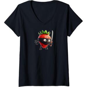 Womens Strawberry V-Neck T-Shirt(Black)