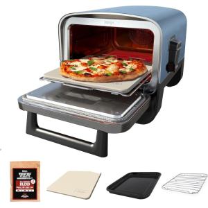 Ninja Woodfire Outdoor Pizza Oven, 8-in-1 Portable Electric Roaster Oven, Heats up to 700°F, 5 Artisan Pizza Settings, Integrated BBQ Smoker Box, Includes Flavored Wood Pellets, Navy (Renewed)