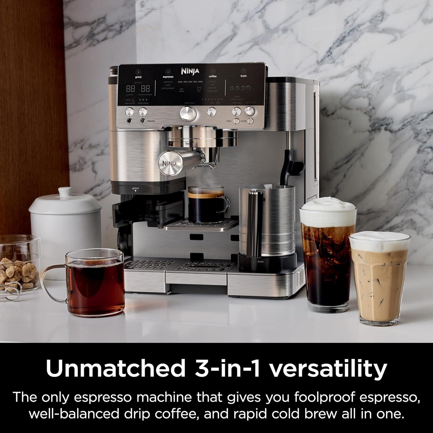 imageNinja Luxe Cafe Premier Series Espresso Machine Drip Coffee Rapid Cold Brew Integrated Grinder HandsFree Frother with Knock Box Water Filter Cleaning Tablets Descaler ES601AMZ