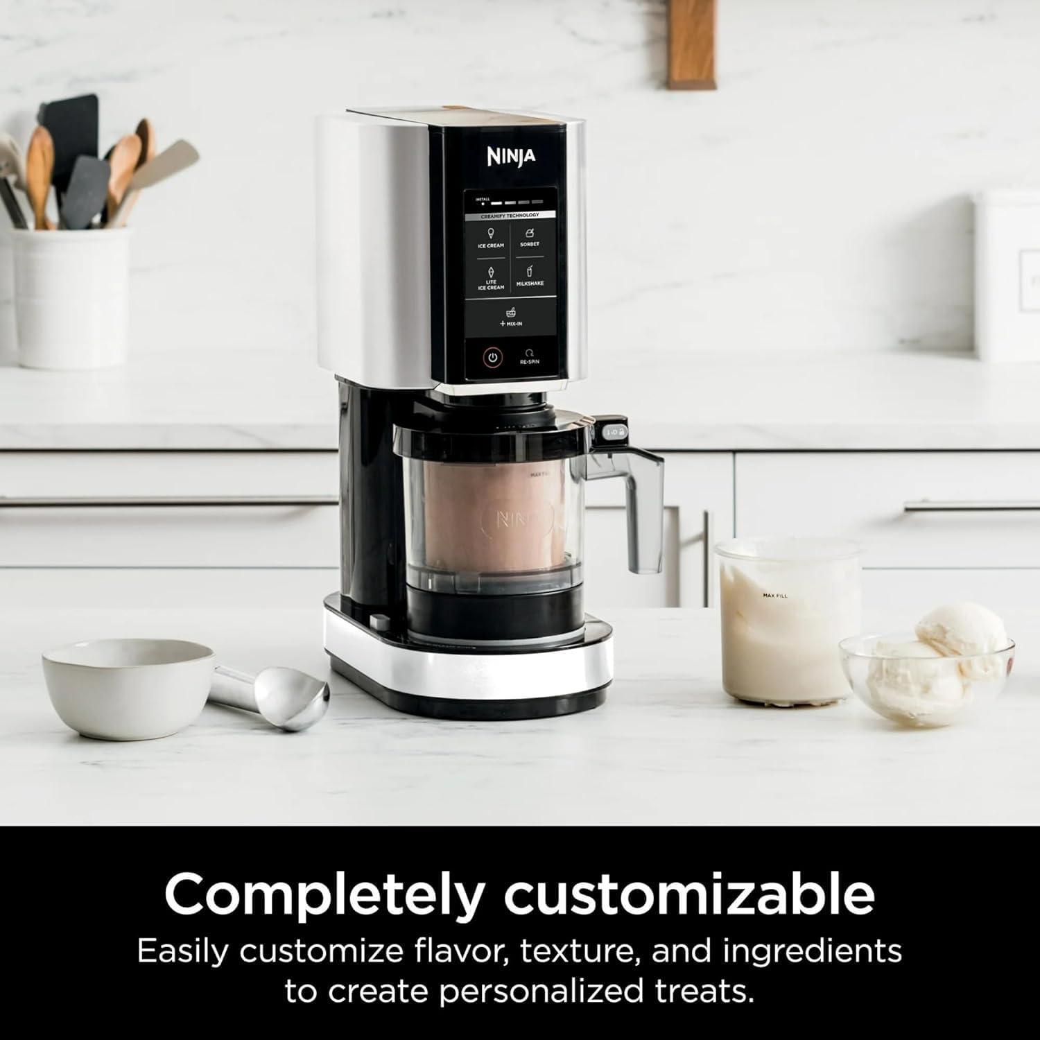 imageNinja CREAMi Ice Cream Maker 5 OneTouch Programs Includes 2 16oz Pints with Lids Transform Frozen Bases to Ice Cream Sorbets Milkshakes Vegan DairyFree Options NC300 White Renewed