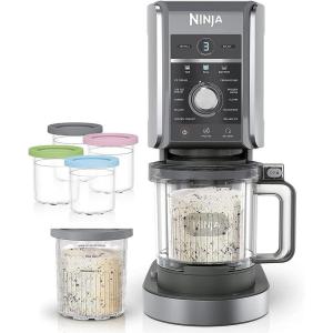 Ninja NC501 CREAMi Deluxe 11-in-1 XL Ice Cream Maker Silver (Renewed) Bundle with Deco Essentials 6 Pack of Pints and Lids for Ninja Creami