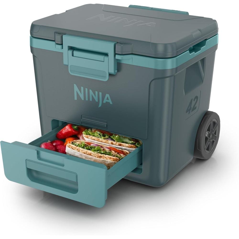 imageNinja FrostVault 42qt Wheeled Cooler with Cold Dry Zone  Integrated FridgeTemp Dry Storage Drawer  Premium HeavyDuty Insulated Cooler  Keeps Ice Cold for Days  Halocline Green  FB242TLHalocline Green